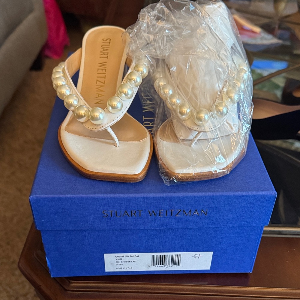 Stuart Weitzman Cream Sandals with Pearl Accents